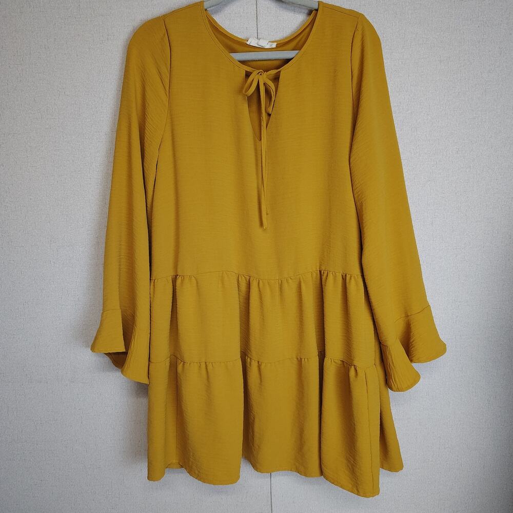 Peach Love California L Mustard Tiered Babydoll Dress Boho Cottagecore 70s